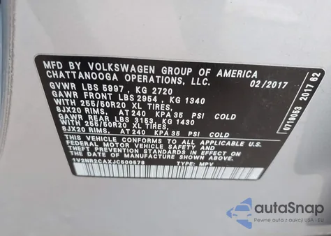 2018 Volkswagen Atlas 3.6L V6 Sel Premium z USA, uszkodzony, nr VIN 1V2NR2CAXJC500578